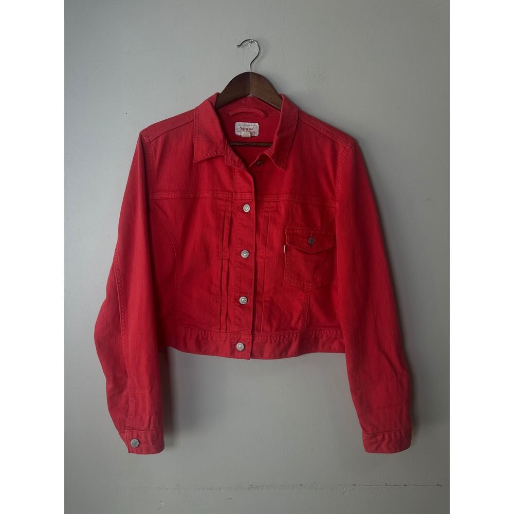 Levi's Womens Large Coral Red Denim Trucker Jacket Cropped Jean Jacket